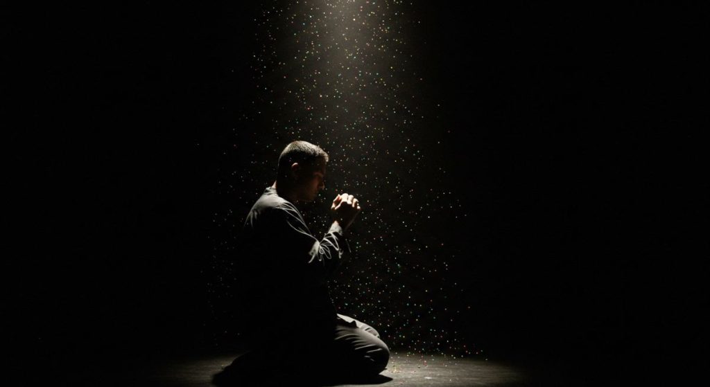 A man praying for strength in the dark