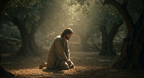Jesus praying to God in the garden of Gethsemane